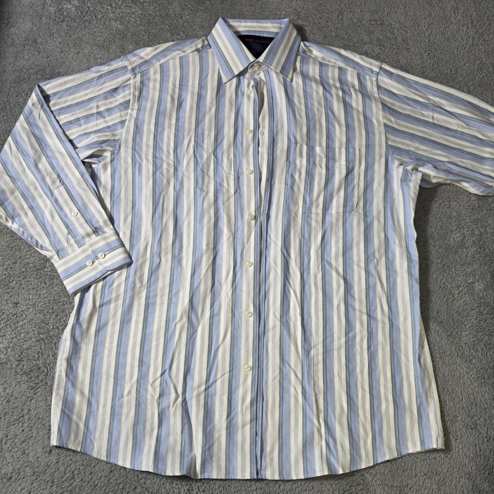 Henry Jacobson Mens L Button Down Shirt Blue White Striped Long‎ Sleeve Cotton